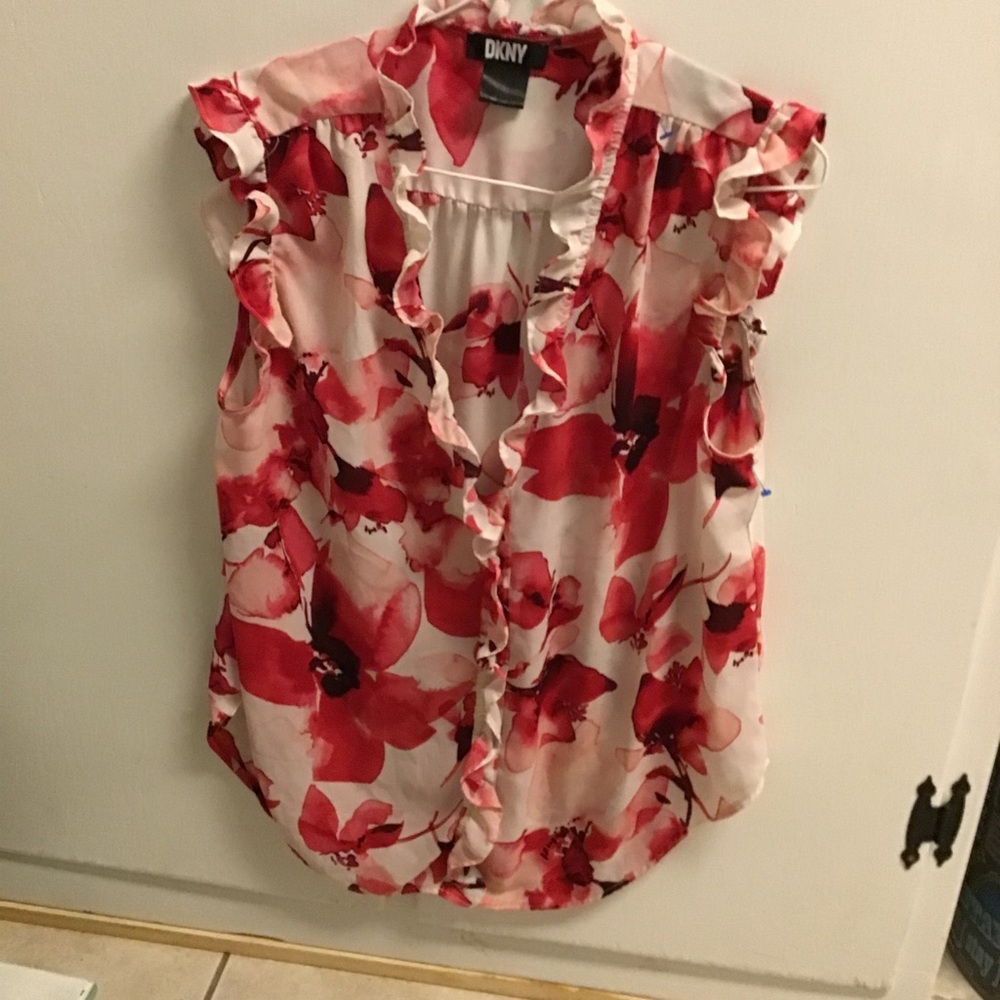 DKNY White Sleeveless Blouse with Red Floral Print and Ruffle Trim